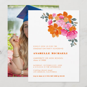 Invitation Aquarelle rose et orange Floral Vibrant Graduation