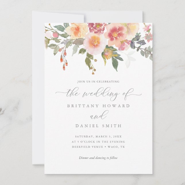 Invitation Aquarelle rose et orange Mariage de verdure floral (Devant)