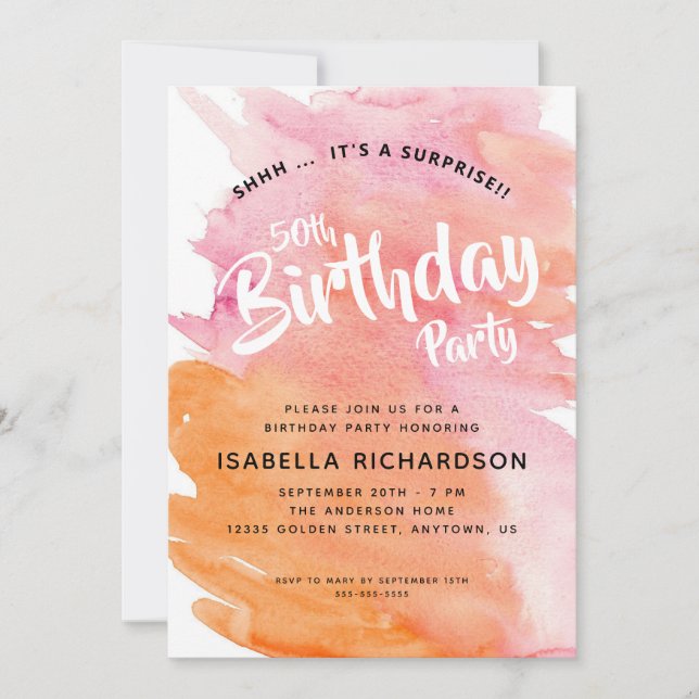 Invitation Aquarelle rose et orange Surprise 50e anniversaire (Devant)