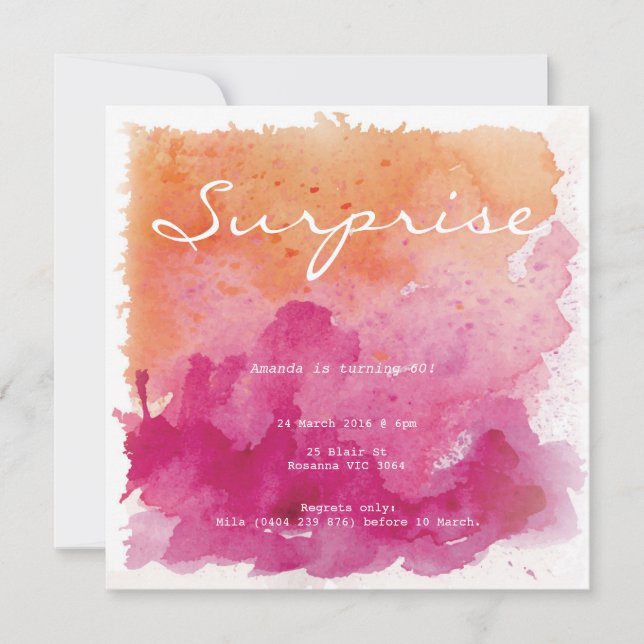 Invitation Aquarelle rose et orange Surprise Anniversaire (Devant)