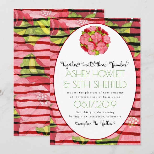 Invitation Aquarelle rose et rouge du pays Floral (Devant / Derrière)