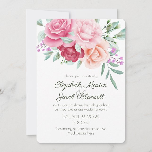 Invitation Aquarelle rose et rouge Roses Mariage virtuel (Devant)