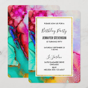 Invitation Aquarelle rose et turquoise Abstraite Anniversaire