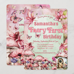 Invitation Aquarelle rose et vert Fée premier anniversaire