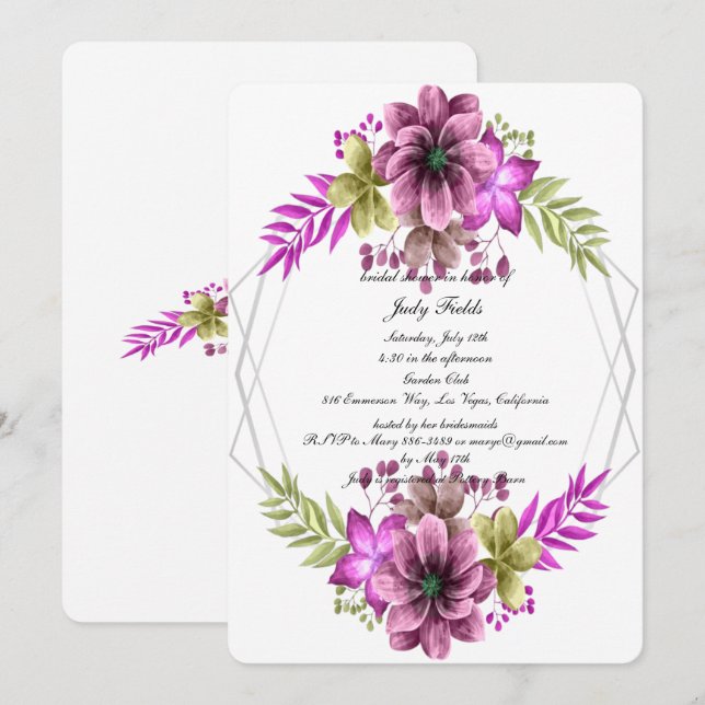 Invitation Aquarelle rose Et Vert Fête des mariées Florale (Devant / Derrière)
