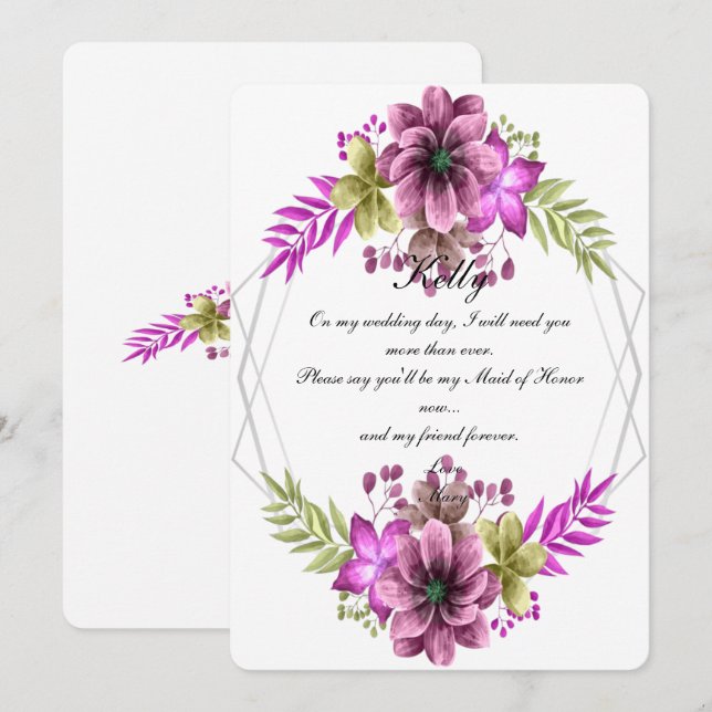 Invitation Aquarelle rose Et Vert Fleur Maid D'Honneur (Devant / Derrière)