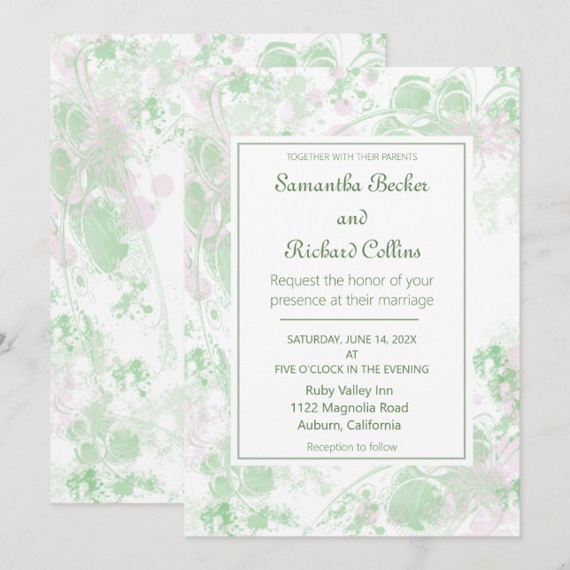 Invitation Aquarelle rose et vert Mariage botanique (Devant / Derrière)