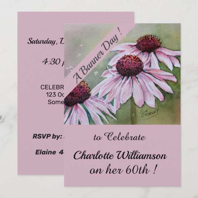 Invitation Aquarelle rose et violet Anniversaire Floral (Devant / Derrière)