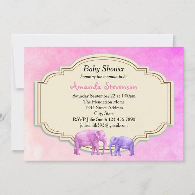 Invitation Aquarelle rose et violet Eléphant Baby shower (Devant)