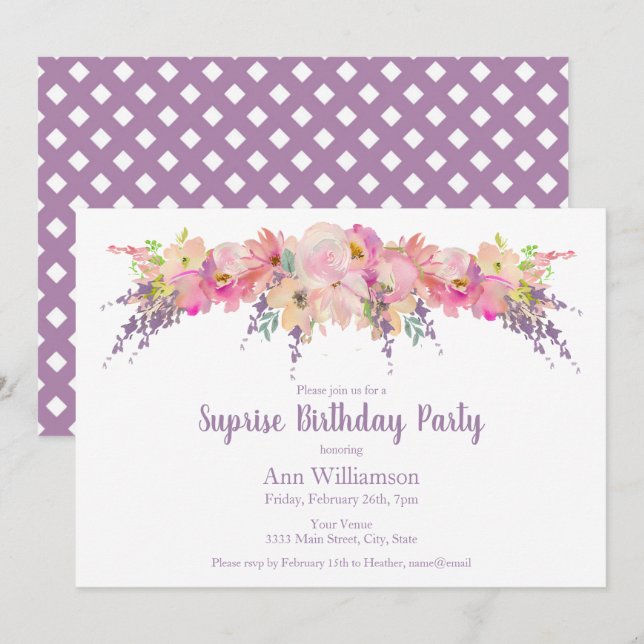 Invitation Aquarelle rose et violet Floral Anniversaire (Devant / Derrière)
