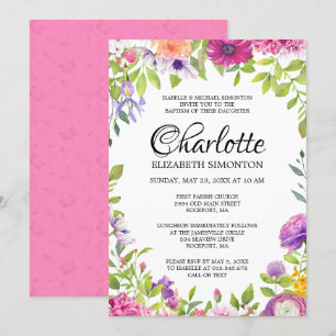 Invitation Aquarelle rose et violet florale Baptême