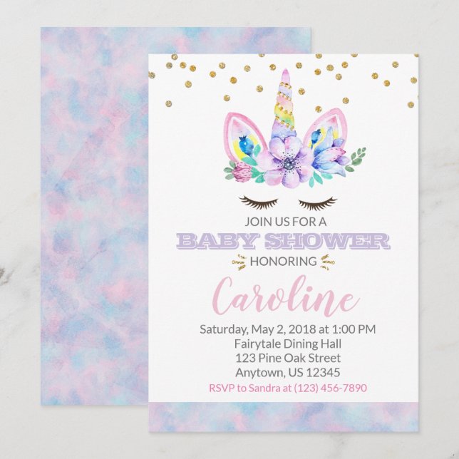 Invitation Aquarelle rose et violet Style Unicorne Baby showe (Devant / Derrière)