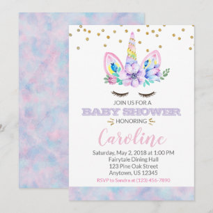 Invitation Aquarelle rose et violet Style Unicorne Baby showe