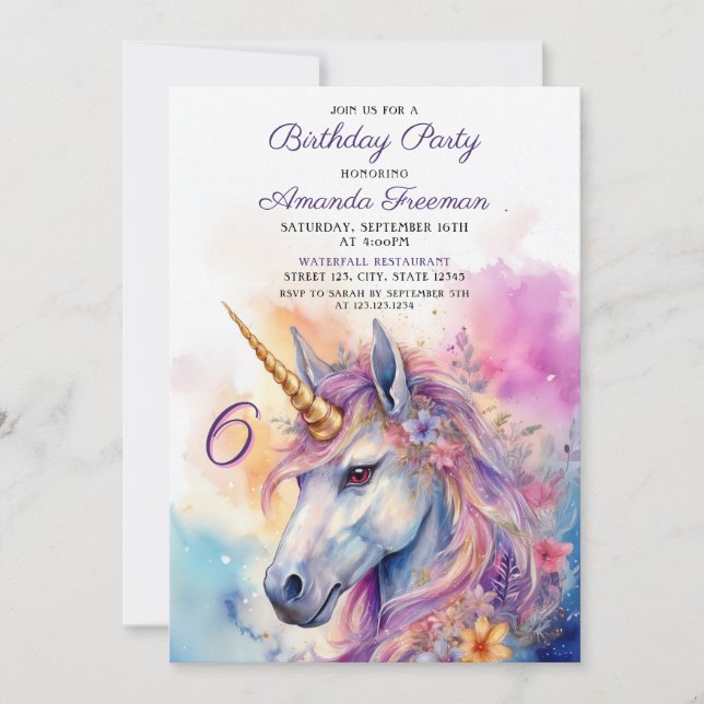 Invitation Aquarelle rose et violet Unicorne 6e anniversaire (Devant)