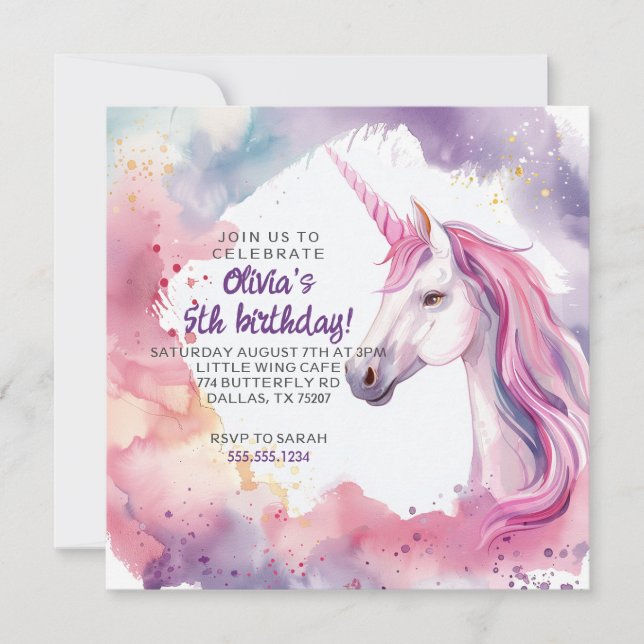 Invitation Aquarelle rose et violet Unicorne Anniversaire (Devant)
