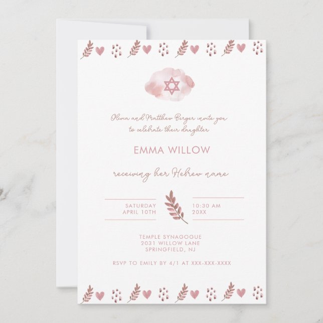 Invitation Aquarelle rose étoile de David Baby Naming (Devant)