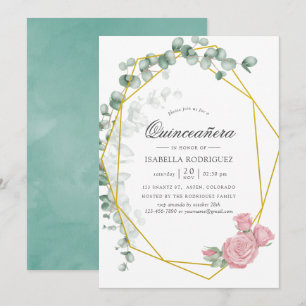 Invitation Aquarelle Rose Eucalyptus Géométrique Quinceañera