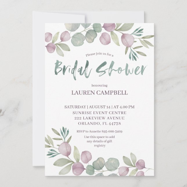 Invitation Aquarelle rose Eucalyptus rustique (Devant)