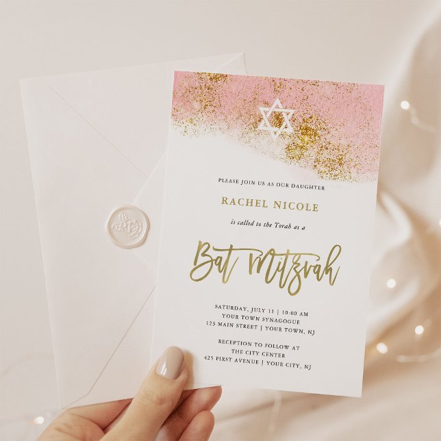 Invitation Aquarelle rose | Faux Gold Bat mitzvah (Créateur téléchargé)