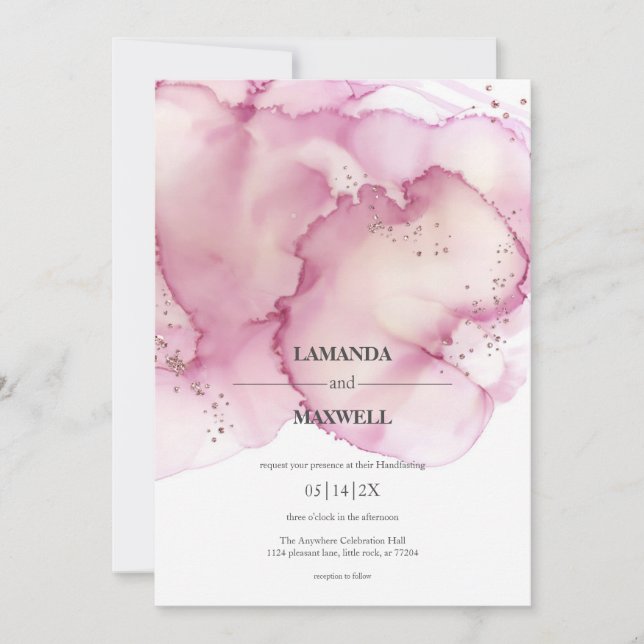 Invitation Aquarelle rose Faux Parties scintillant Handfastin (Devant)