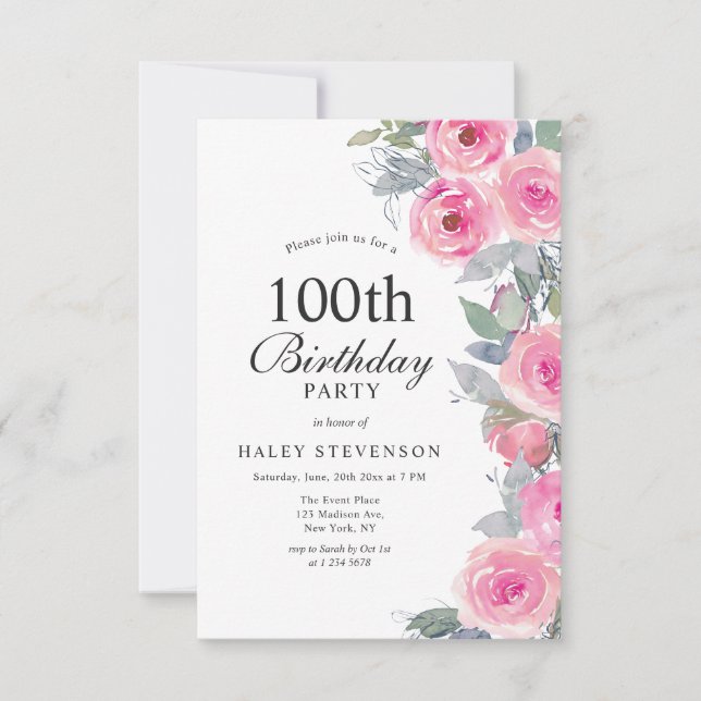 Invitation Aquarelle rose féminine 100e anniversaire (Devant)