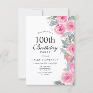 Invitation Aquarelle rose féminine 100e anniversaire
