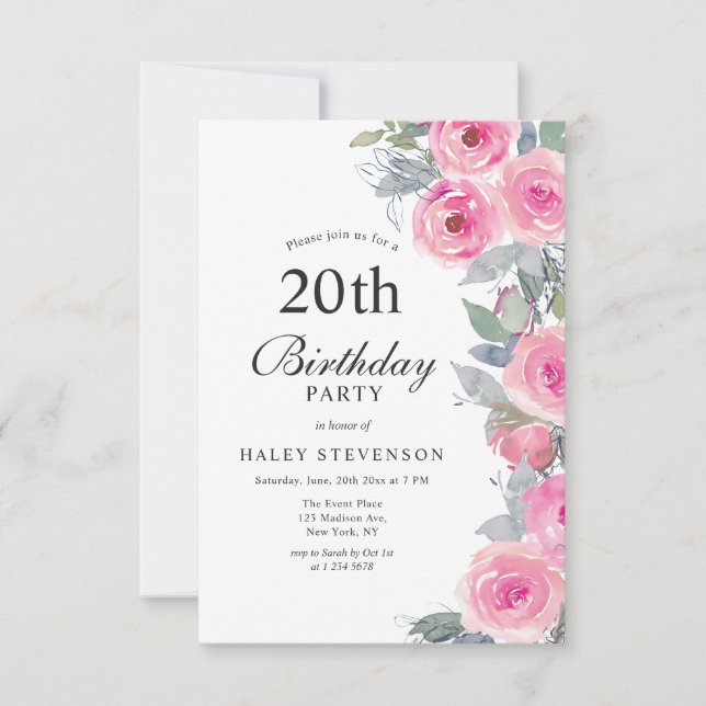 Invitation Aquarelle rose feminine Floral Chic 20e anniversai (Devant)