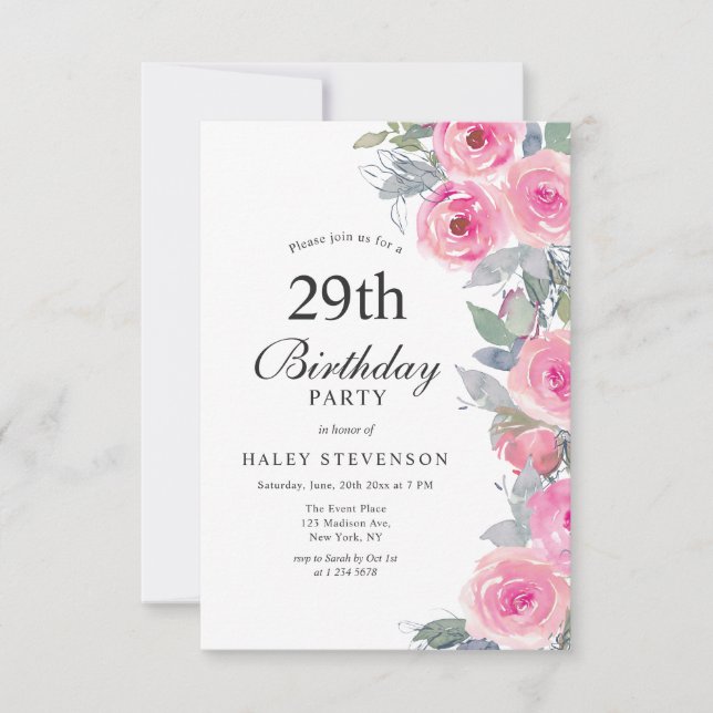 Invitation Aquarelle rose feminine Floral Chic 29e anniversai (Devant)
