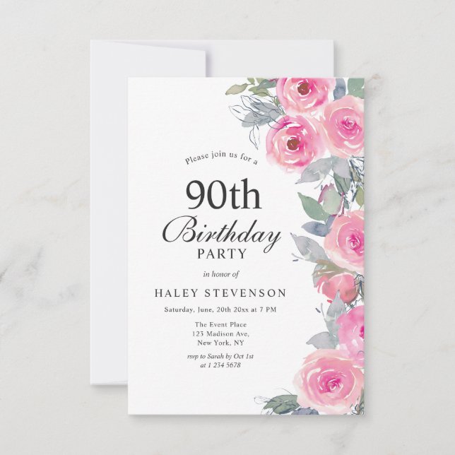 Invitation Aquarelle rose feminine Floral Chic 90e anniversai (Devant)