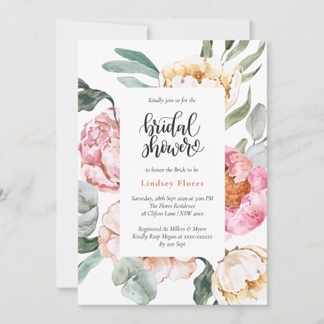 Invitation Aquarelle rose Fête des mariées de verdure florale (Devant)