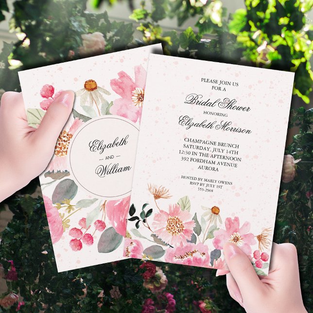 Invitation Aquarelle rose Fête des mariées florale (Watercolor pink garden flowers bridal shower invitations)