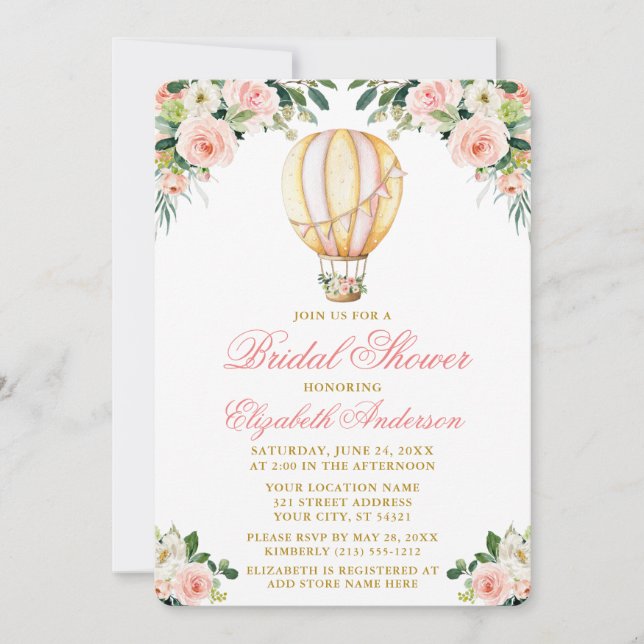 Invitation Aquarelle rose Fête des mariées florale Air Balloo (Devant)