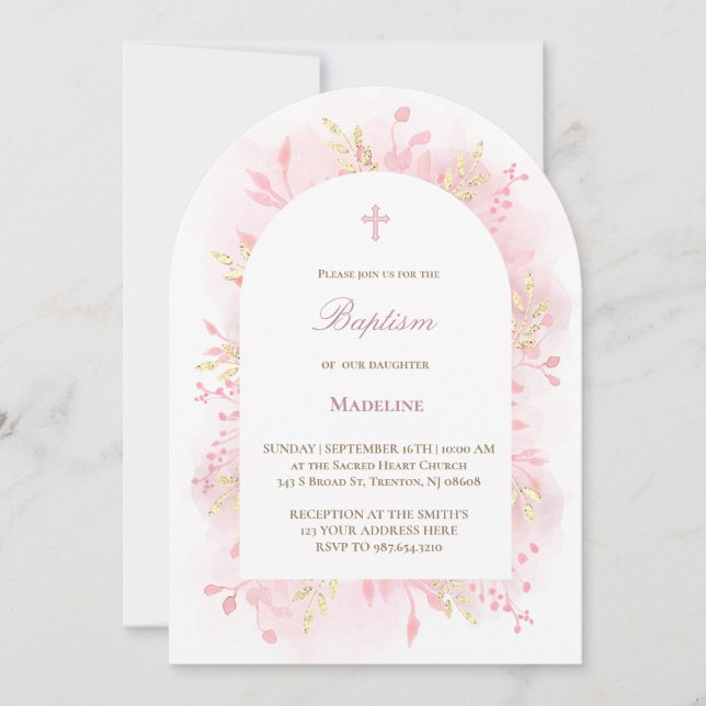 Invitation aquarelle rose feuillage Baptême (Devant)