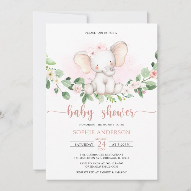 Invitation Aquarelle rose fille bébé Baby shower éléphant (Devant)