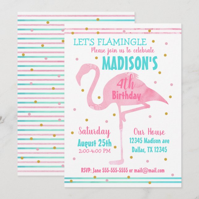 Invitation Aquarelle rose Flamant rose Anniversaire Invitatio (Devant / Derrière)