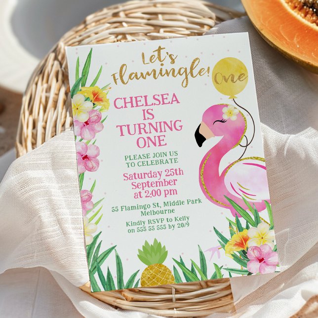 Invitation Aquarelle rose Flamingle 1er anniversaire (Let's Flamingle 1st Birthday Invitation, Pink Flamingo Birthday Invitation Editable, Flamingo Themed)