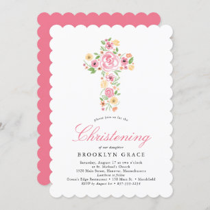 Invitation Aquarelle rose Fleur Croix Baptême