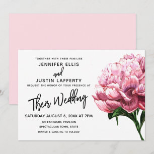 Invitation Aquarelle rose Fleur de pivoine, Mariage moderne