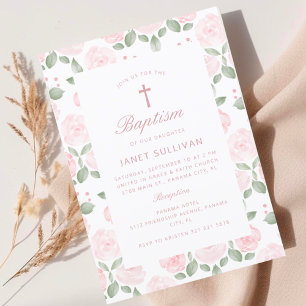 Invitation Aquarelle rose Fleur fille Baptême