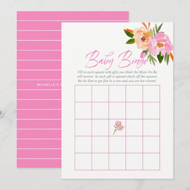 Invitation Aquarelle rose fleur sauvage Baby shower bébé Bing (Devant / Derrière)