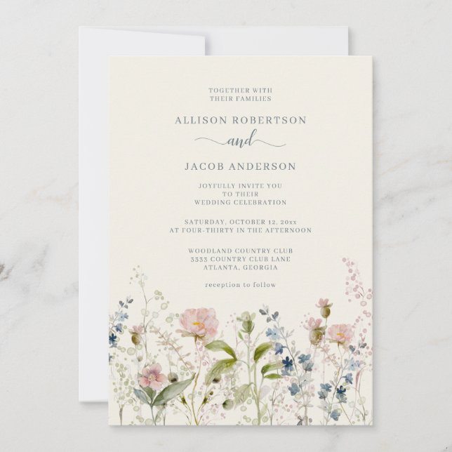 Invitation Aquarelle rose Fleur sauvage Floral bleu Mariage (Devant)