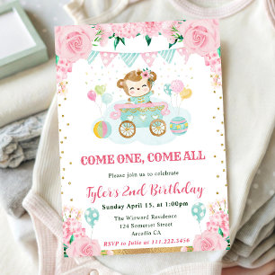 Invitation Aquarelle rose Fleurs Anniversaire de enfant singe