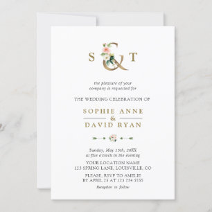 Invitation Aquarelle rose Fleurs blanches Ampersand Mariage