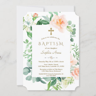 Invitation Aquarelle rose Fleurs blanches Cadre Baptême