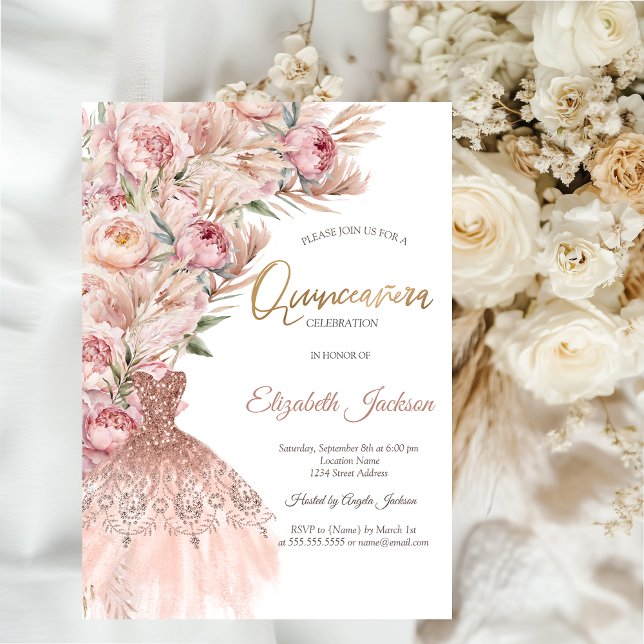 Invitation Aquarelle rose Fleurs blanches Roses Robe Quincean (Créateur téléchargé)