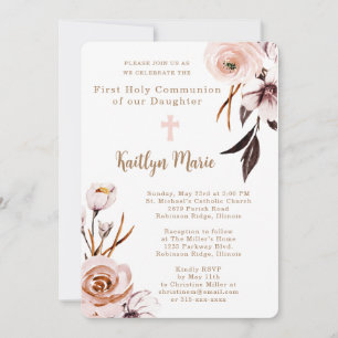 Invitation Aquarelle rose Fleurs Fille Première communion