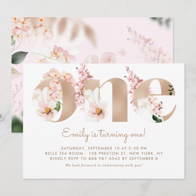Invitation Aquarelle rose Fleurs Rose Or premier anniversaire (Devant / Derrière)