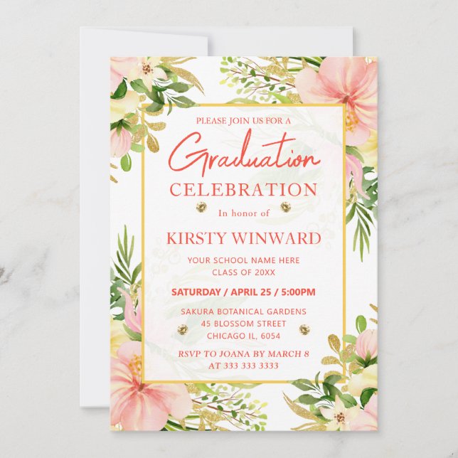 Invitation Aquarelle rose Fleurs tropicales Graduation (Devant)