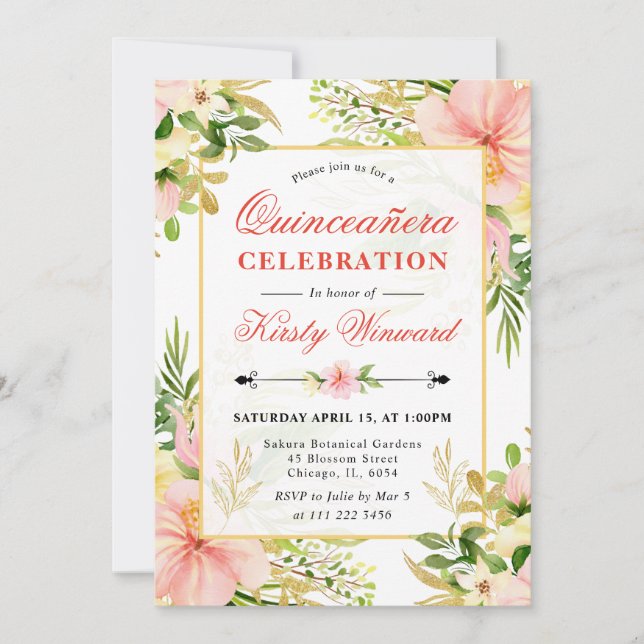Invitation Aquarelle rose Fleurs tropicales Quinceanera (Devant)