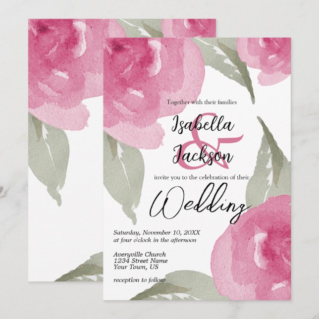 Invitation Aquarelle rose Floral (Devant / Derrière)